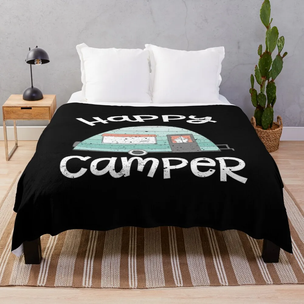 Happy Camper Retro Trailer Rv Caravan Camping Throw Coperta Coperte Firmate
