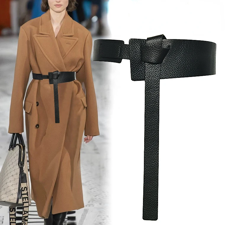

Double-sided Head Layer Cowhide Wide Women's Belt Decorative Fashion Knotted Cashmere Coat Camel Waist Closure Strap