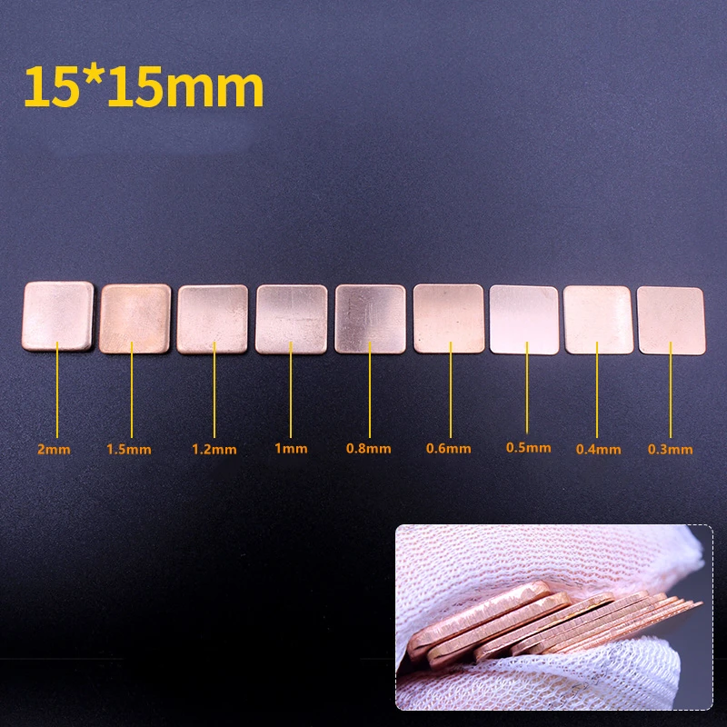 10/50/100pcs 15x15mm Laptop Copper Sheet Plate Strip Shim Thermal Pad Heatsink Sheet 0.3-2mm For GPU CPU VGA Chip RAM Cooling