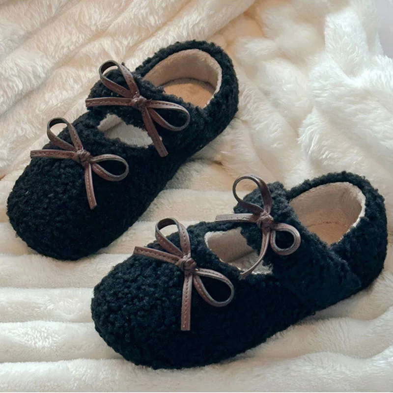 Kids Shoes Winter Toddler Girls Fashion Princess Bowtie Flats Baby Boys Brand Loafers Children Cute Warm Fur Non Slip Soft Sole