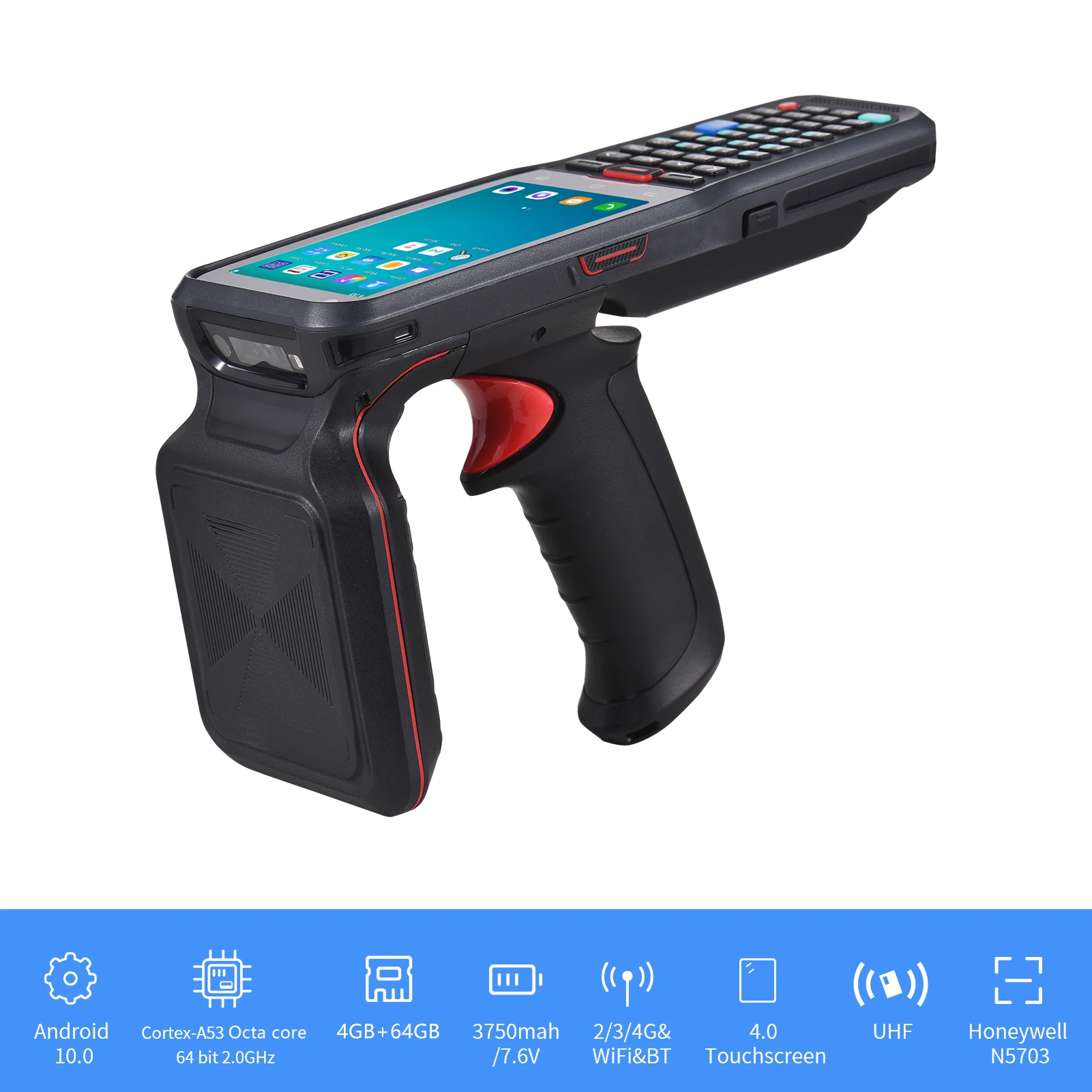 Android 10.0 1D/2D/QR Barcode Scanner Wireless Wi-Fi 4G Handheld Mobile Terminal PD UHF Read-write Function 4.0 Inch Touchscreen