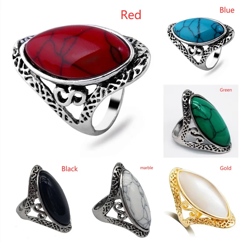 Vintage Bohemian Style Oval Rings for Women Finger Ring Engagement & Wedding Bridal Band Jewelry Ring Size 6-11 6 Colors