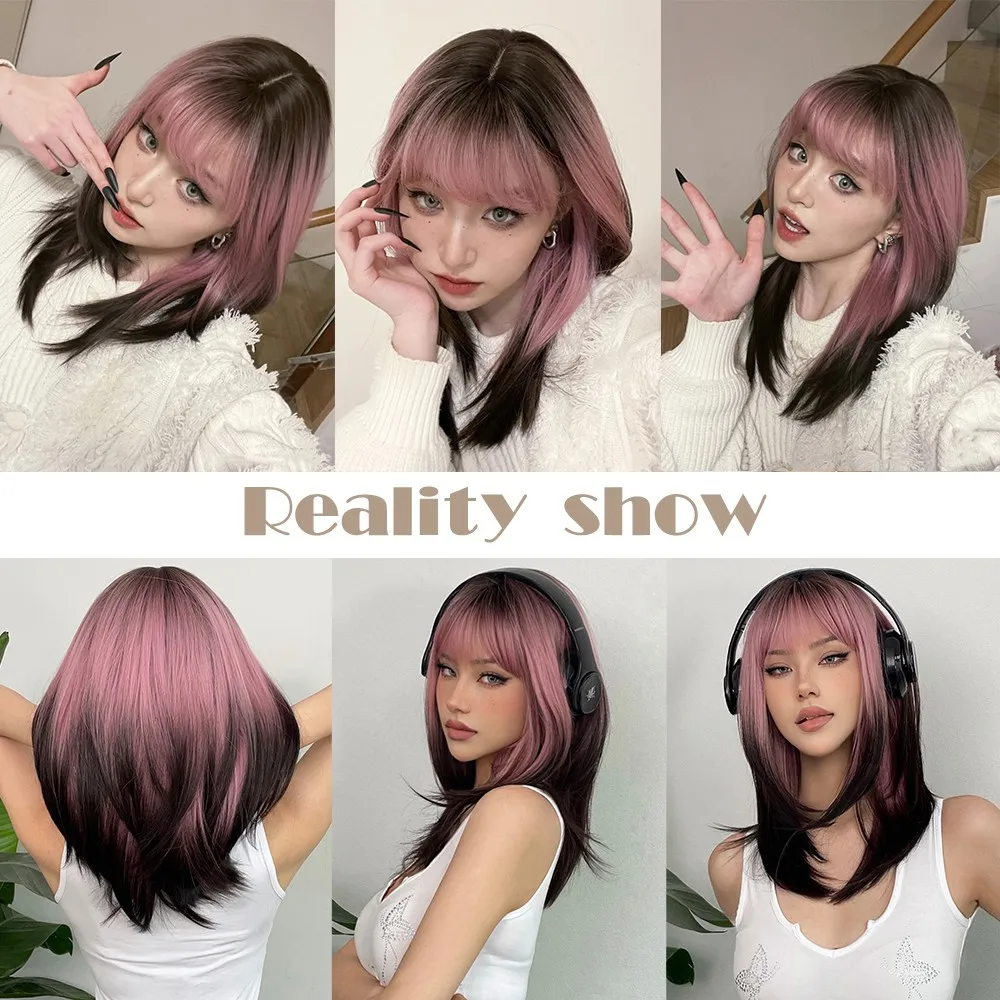 LOUIS FERRE Black Pink Ombre Perucas sintéticas para Cosplay Perucas longas em camadas retas com franja para mulheres cabelo falso resistente ao calor