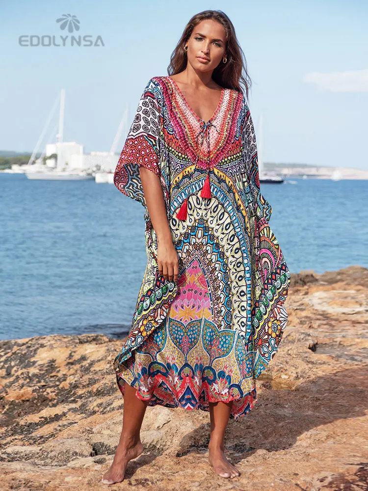 bikini cover up dress Boho Quick-drying Long Kaftan Bikini Cover-ups Retro Plus Size Summer Dress Women Clothing Beach Wear Swim Suit Cover Up Q831 swim skirt cover up no brief Cover-Ups