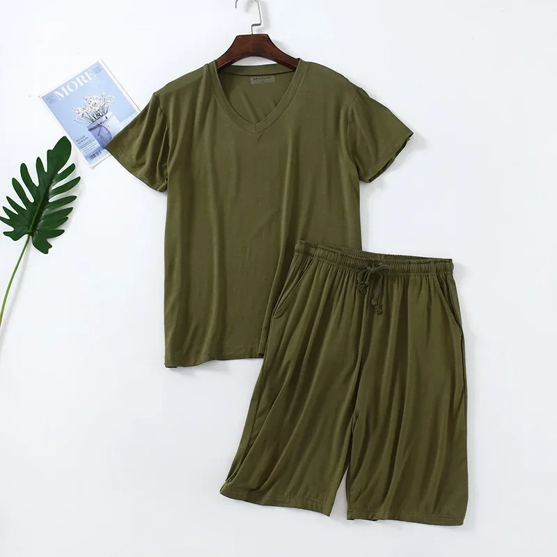 Mens Summer Pijamas Modal Plus Size 4xl Short Sleeve Shorts Thin V-neck Pullover Tops Loose Shorts Pajamas Set