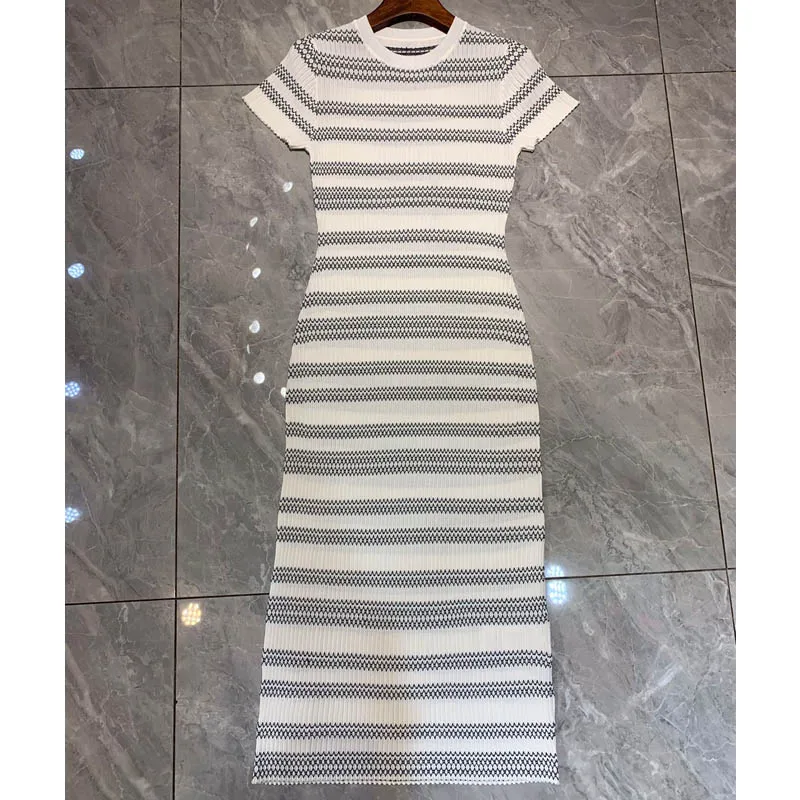 

11.23 Women Temperament Fashion Striped Knitted Dress Round Neck Short Sleeve Strecth Skinny Dress