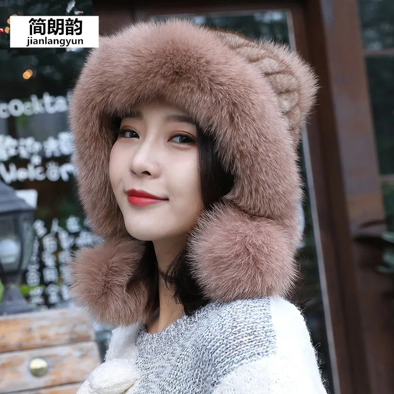 

Women Winter Protect Ears Real Mink Fur Weave Hats Genuine Fox Fur Knit Cap Outdoor Warm Hat Elastic Soft Fluffy Caps Female