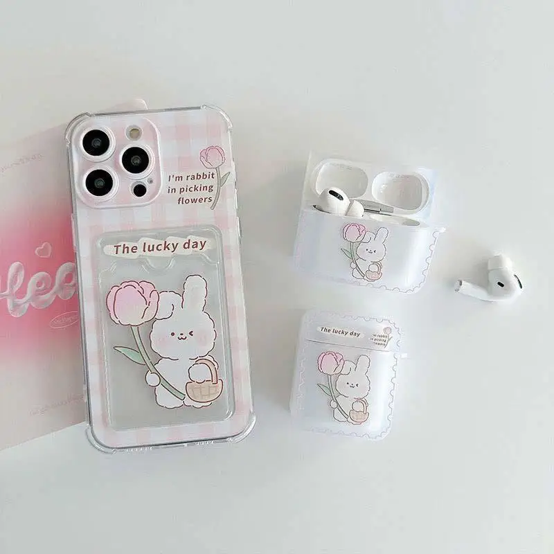 Cartoon Cute Rabbit Bear Card Holder Slot Bag Clear Phone Case For IPhone 17 Air 16 15 14 12 11 Pro Max 13 Mini Plus Soft Cover 5