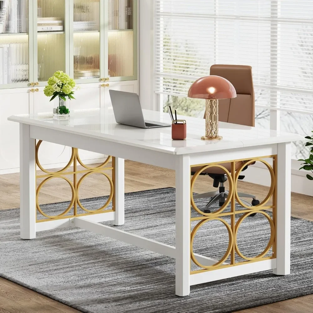Computer Desk 55" Large Office Desk Storage Cabinet，Drawers Farmhouse  Long Monitor Stand Reversible Desk Power Outlets 4