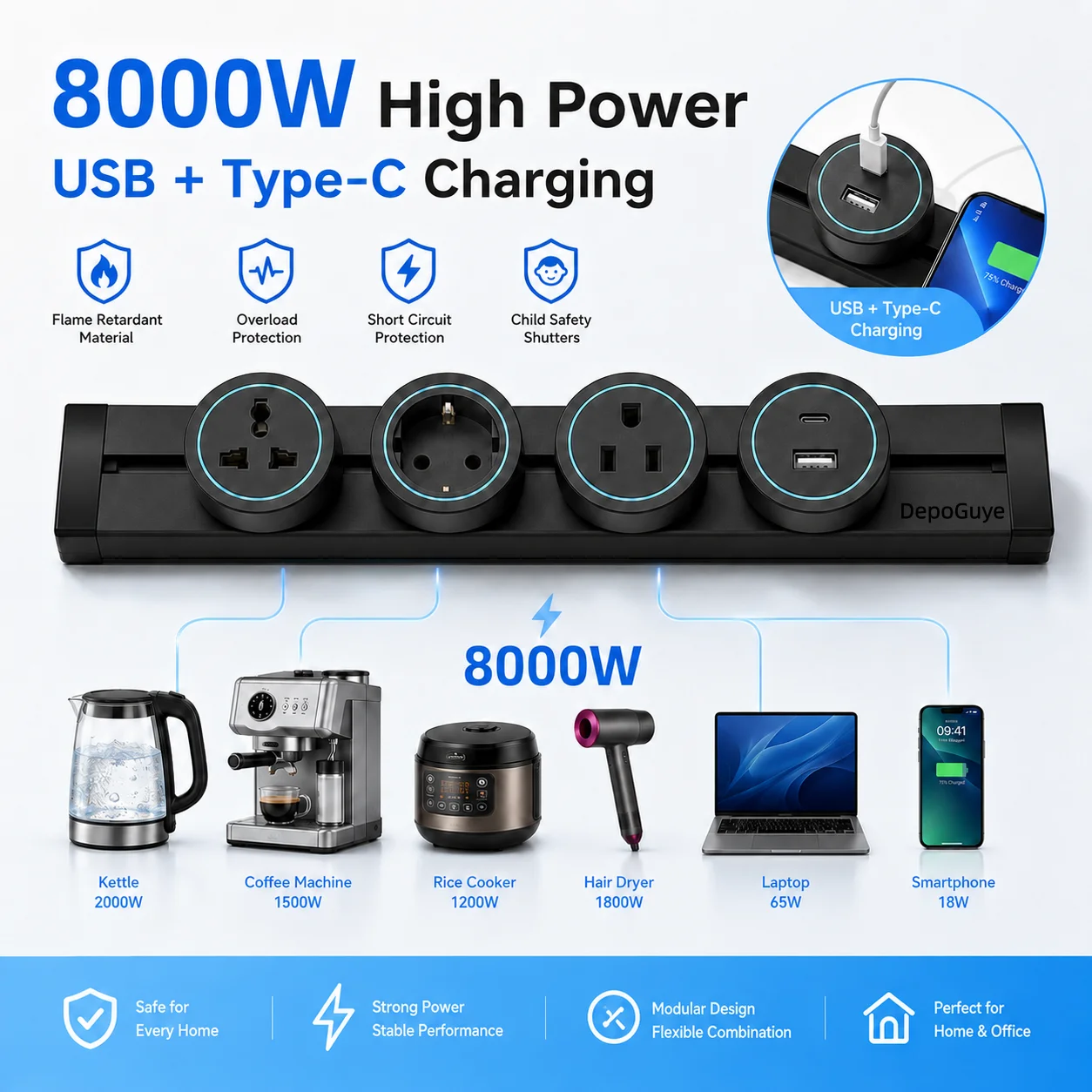 Universal Wall Power Track Socket for Home and Office - Stylish and Functional in White/Black