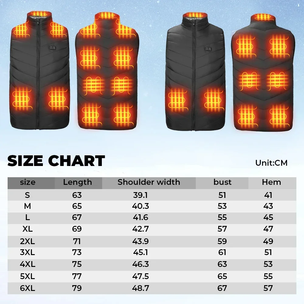 New USB Electric Heated Vest Winter Smart Heating Jackets Men Women Thermal Heat Clothing Plus Size Hunting Coat Keep Warm Black