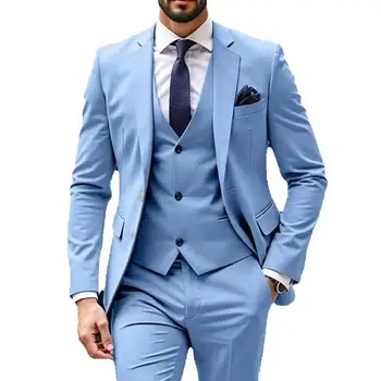 Nuovi abiti da uomo azzurri 3 pezzi giacca pantaloni gilet monopetto risvolto tacca giacca da sposa formale costume di alta qualità Homme