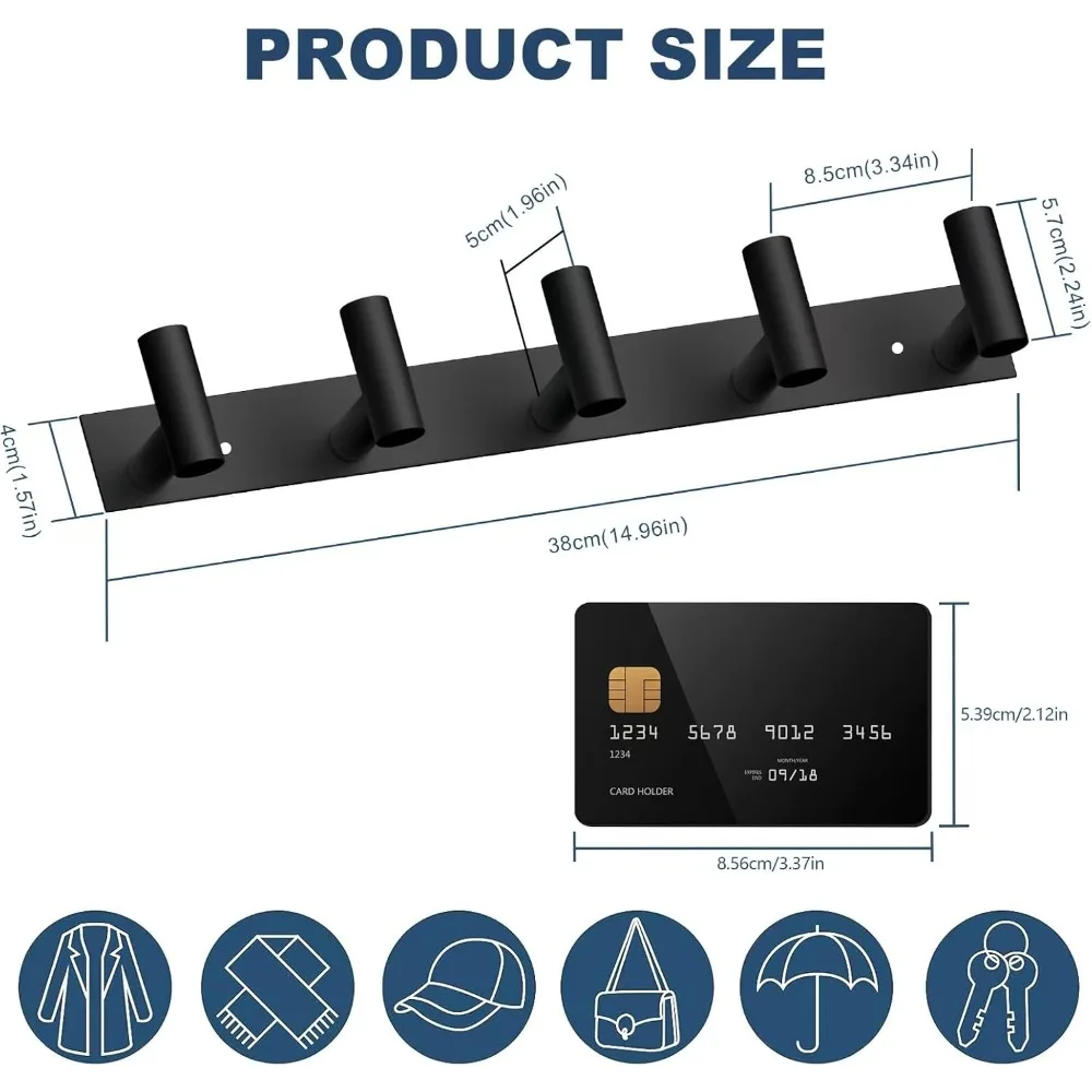Black Hat and Coat Wall Mount Rack 5 Hooks for Robes, Bags, Keys, and Towels Bathroom Towel Hanger Organizer (1 Pack)