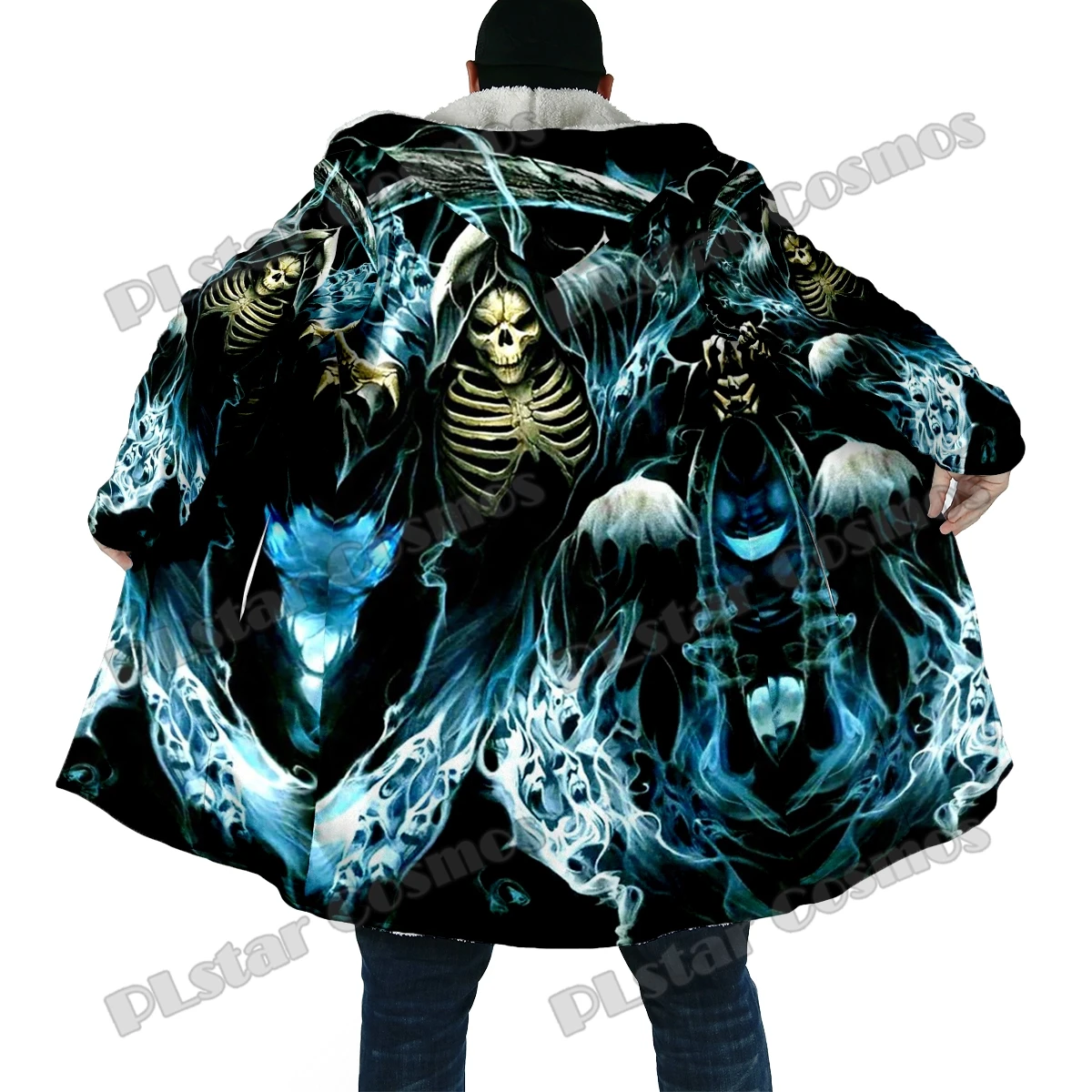 Winter Fashion Men's cloak Grim Reaper Skull 3D All Over Printed Thick Fleece Hooded Cloak Unisex Casual Warm Cape Coat DP47