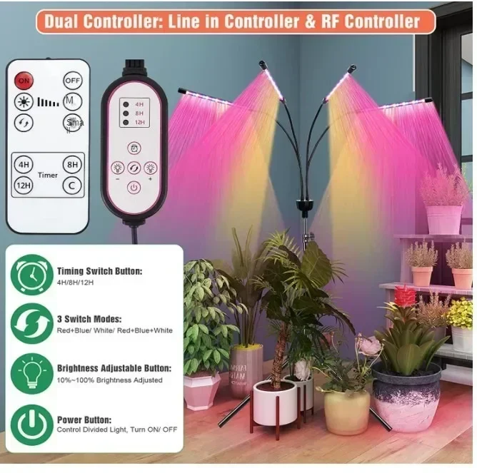 FECiDA 45W 5-Head LED Grow Light With Stand - Full Spectrum Plant Light With Timer For Indoor Plants