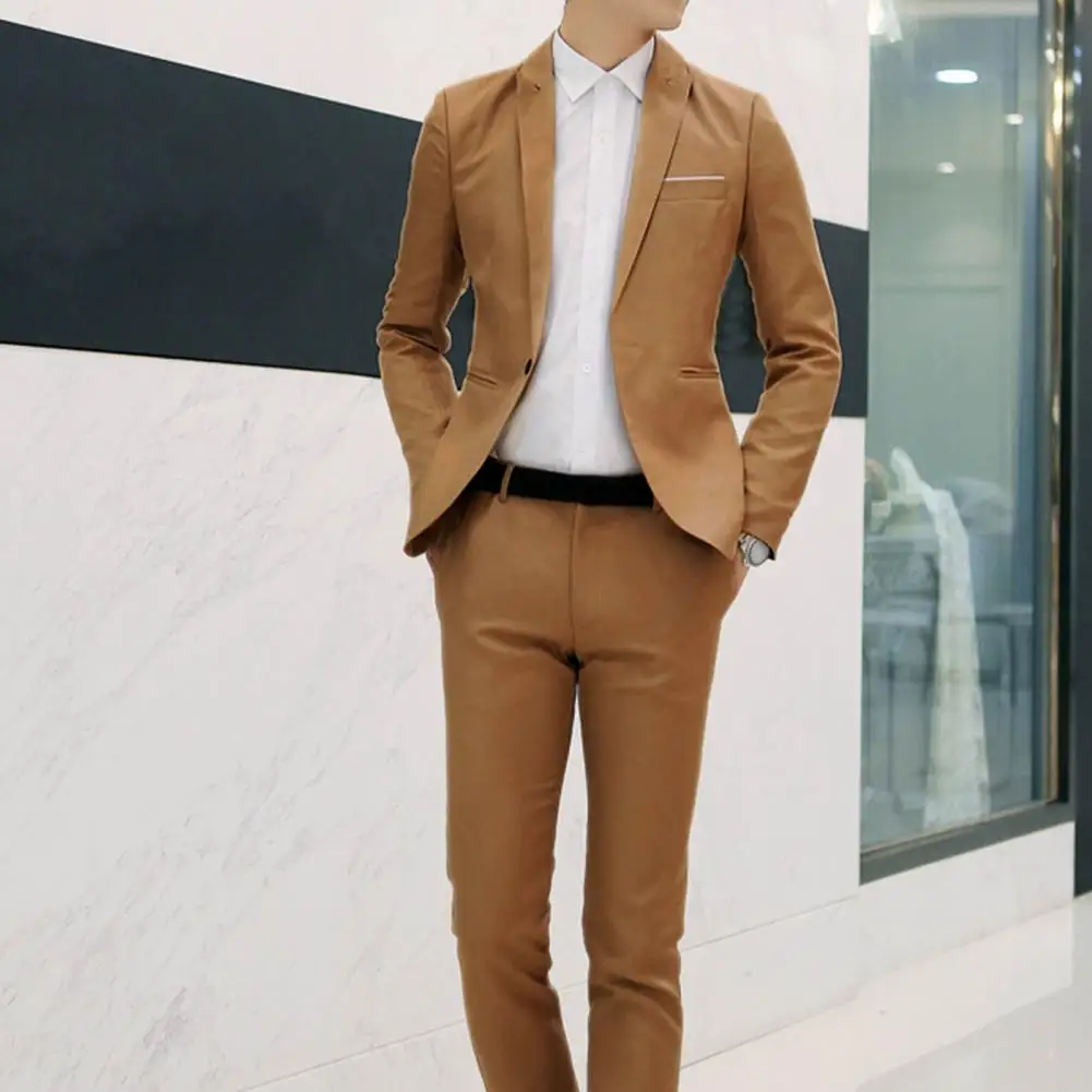 1 Set Blazer Pants Slim Fit Groom Suit Slimming Pure Color Blazer Pants