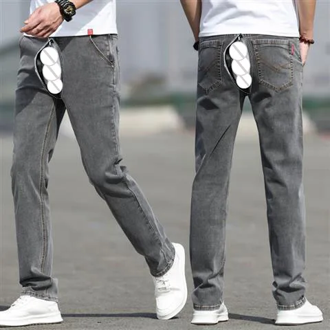 Open Outdoor Sex Pants Summer Light Blue Jeans Men's Straight Loose Thin Stretch Casual Trousers Denim Cargo Y2k Streetwear Men