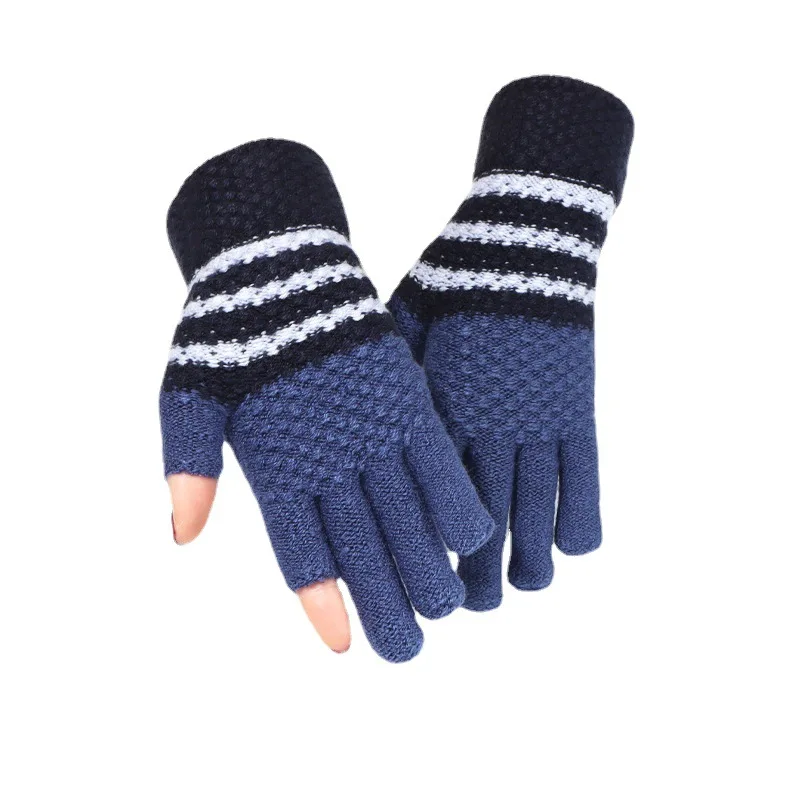 Exposed two fingered wool gloves, female autumn and winter knitting, warm and thickened, leaky fingers, male working students,