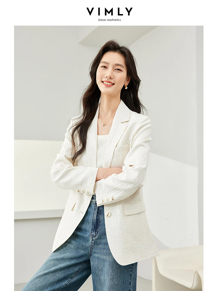Vimly Apricot Simple Casual Suit Jacket Notched Collar Single Breasted Blazer 2024 Spring Office Lady Long Sleeve Coat M6153