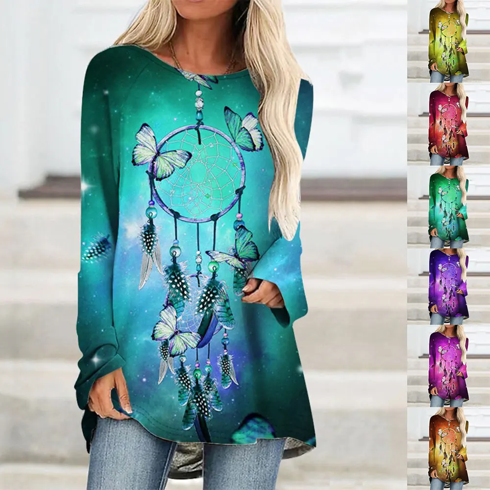 

Fashionable Women Long Sleeved T-Shirt Butterfly Print Sports Casual Street Painting Round Neck Long Sleeved Daily Basic T-Shirt