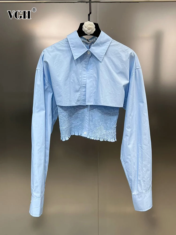 

VGH Patchwork Single Breasted Casual Shirt For Women Lapel Long Sleeve Tunic Minimalist Slimming Shirts Female Fashion Clothes