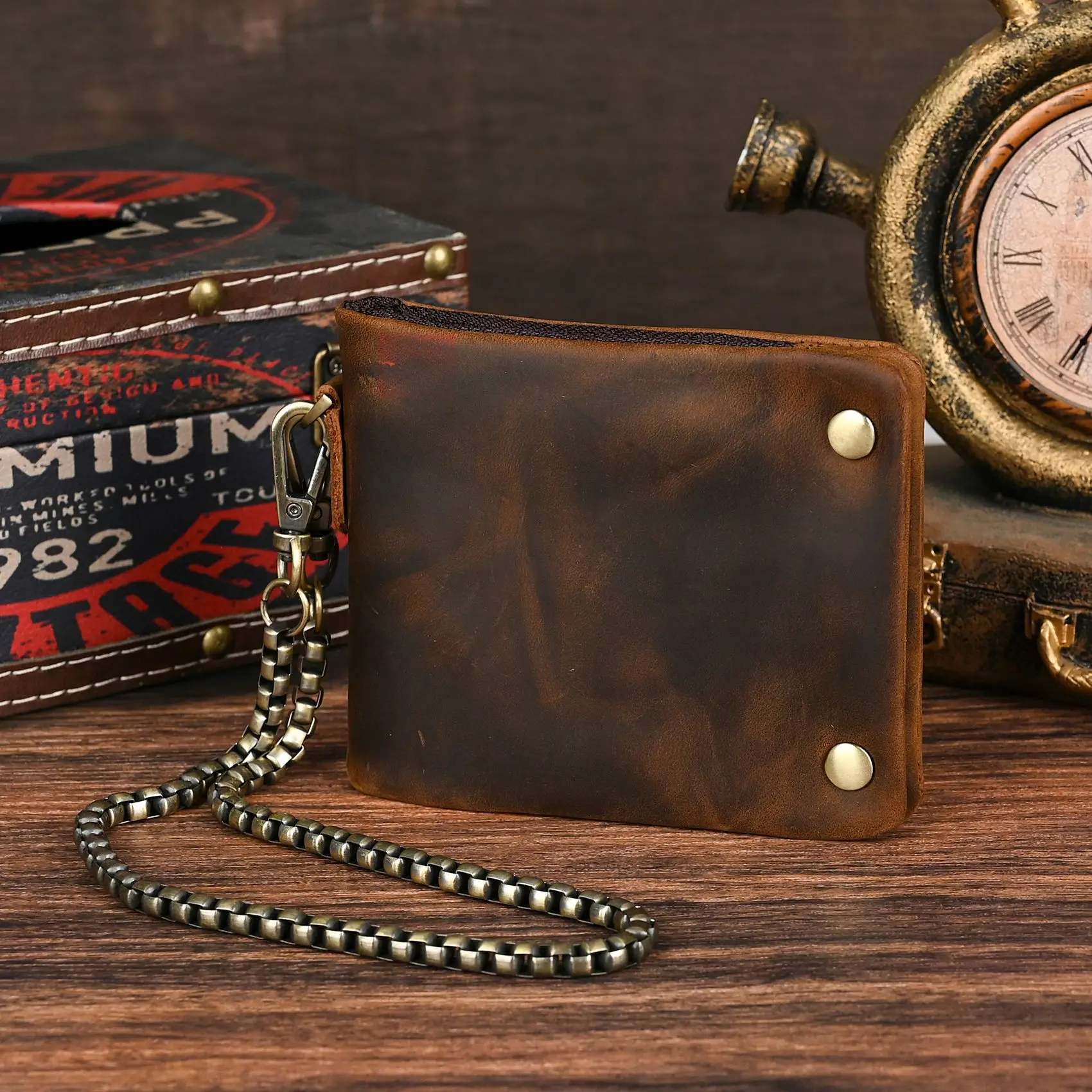 YETTIES Herren-Pull-Up-Geldbörse aus genarbtem Leder, kurzer Bifold-Reißverschluss mit abnehmbarer Kette, praktische Retro-Clutch für Herren