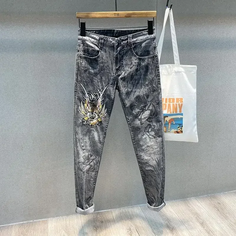 

Trousers Embroidery Goth Man Cowboy Pants Stretch Men's Jeans Elastic Graphic 2024 Fashion Trend Korean Regular Y2k Streetwear