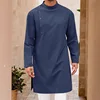 New Men's Muslim Robes Solid Long Sleeve 100% Cotton Stand Button Tops Robes Leisure Vintage Islamic Arab Kaftan Dubai Male