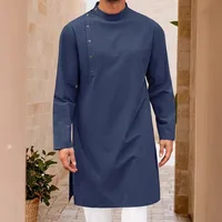 New Men's Muslim Robes Solid Long Sleeve 100% Cotton Stand Button Tops Robes Leisure Vintage Islamic Arab Kaftan Dubai Male