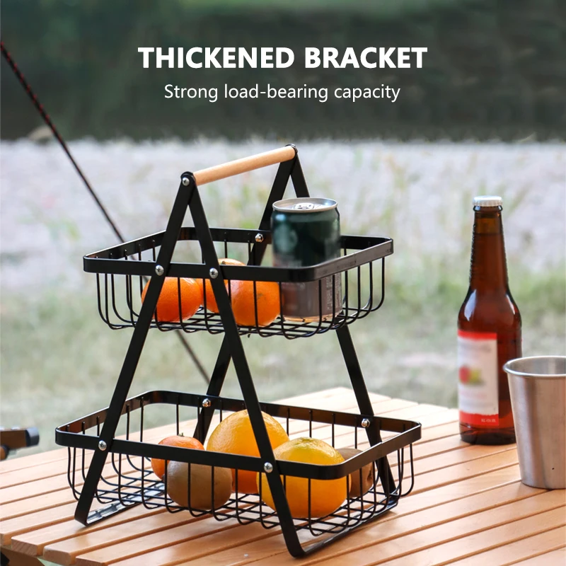 2 Layer Large Metal Fruit Basket Portable Camping Basket Storage Shelf