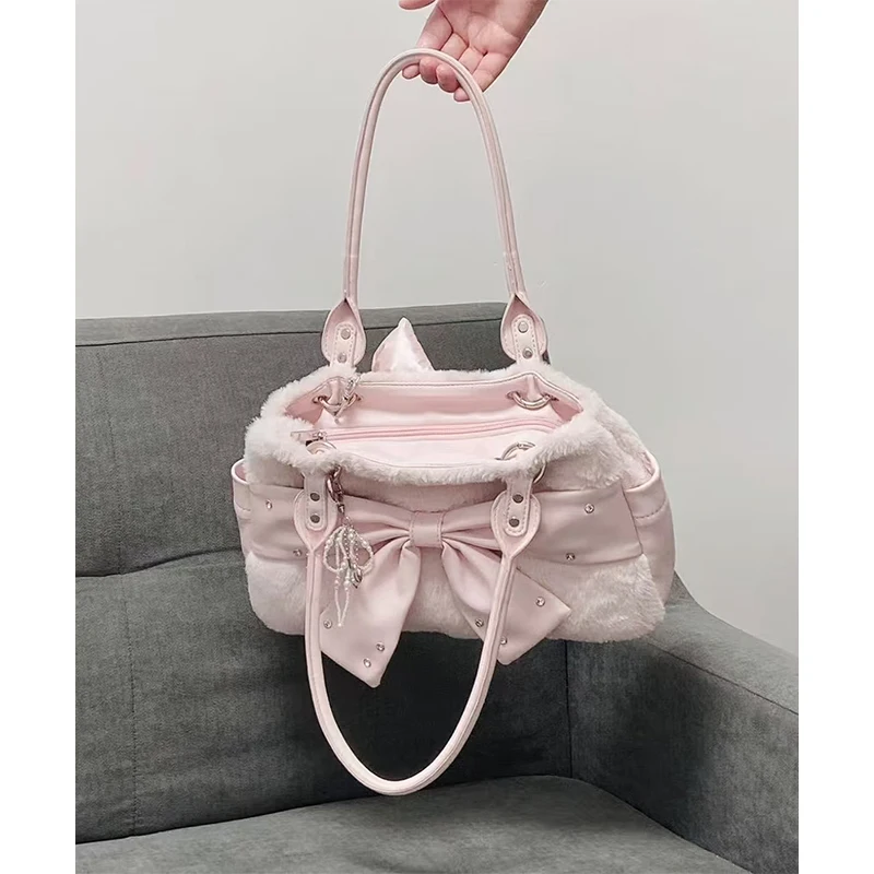 Vintage Polka Dot Bow Unterarm-Umhängetasche, japanische Retro-Damen-Einkaufstasche, Y2k-Lolita-Mädchen, leichte, mühelose, schicke Handtasche – Detail 18