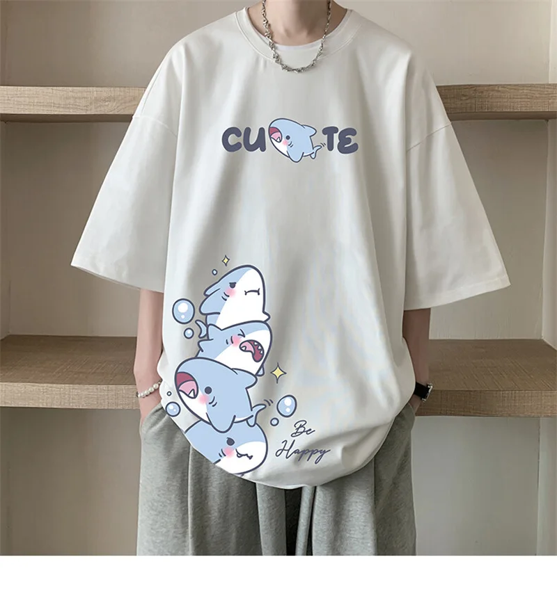 Men's Cotton T-shirts White Men Oversized T Shirt Anime Shark Print Summer Casual Wear 5XL Tee Shirts Big Size Male Clothes