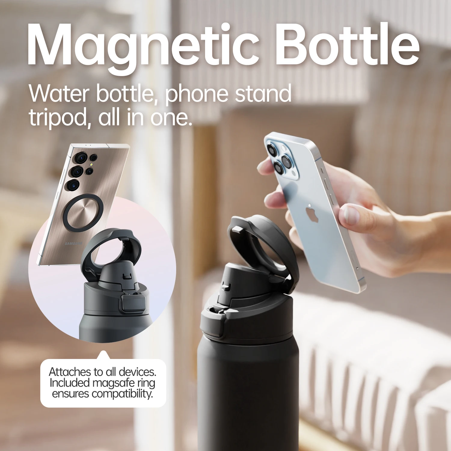FEIJIAN Magnetic Thermos Stainless Steel Sports Water Bottle with Magnetic Phone Holder Bouncing cover Insulation Cup view 2
