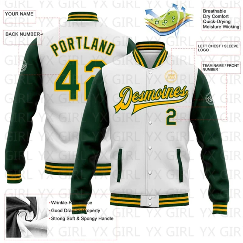 Custom White Green-Gold Bomber Full-Snap Varsity Letterman Two Tone Jacket