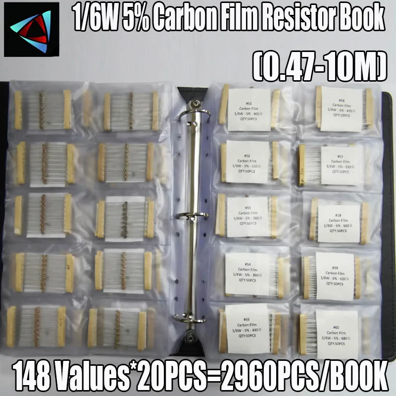 

1/6W 5% 1R~1M Carbon Film 148valuesX20pcs=2960pcs Assorted Resistor Kit Pack Sample Book