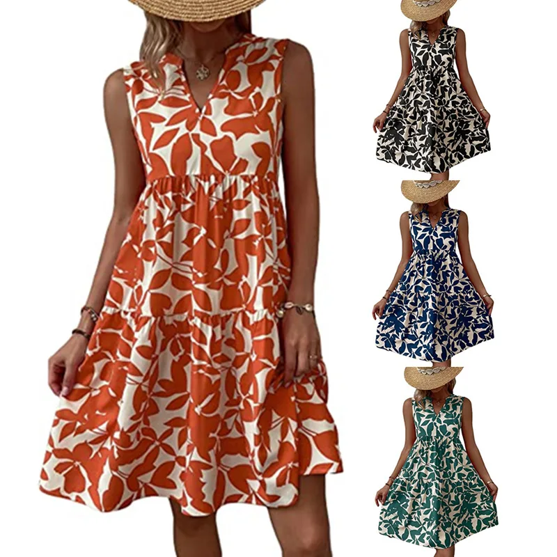 

Summer V Neck Flower Printing Casual Dress Women Pullover Casual Style Elegant Retro Sleeveless Basic Daily Vacation Vest Dress
