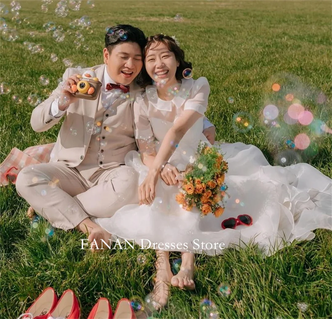 

FANAN Elegant A-Line Korea Ivory Organza Corset Wedding Dresses 웨딩드레스 Short Sleeves Custom Made Pretty Bride Gowns Plus Size
