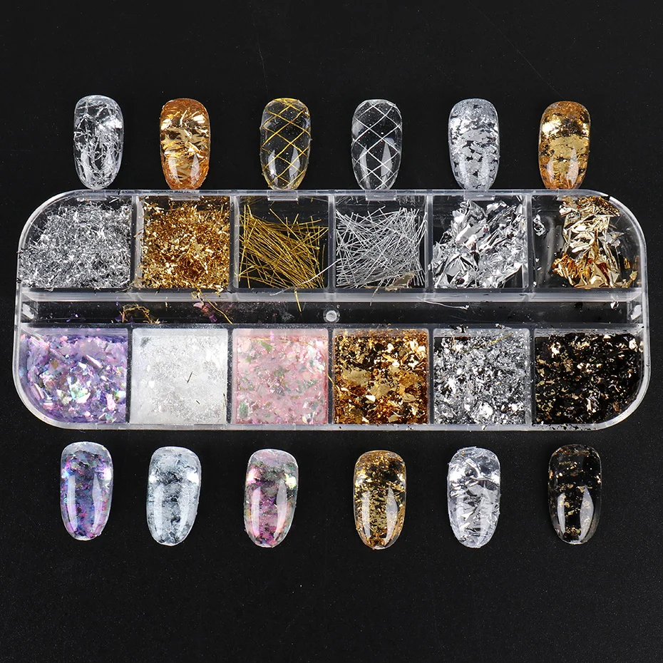 12 Grid Aurora Crystal Opal Powder Nail Glitter Iridescent Dust Charm Aluminum Foil Nail Flakes Slice Sparkly Sequin Manicure