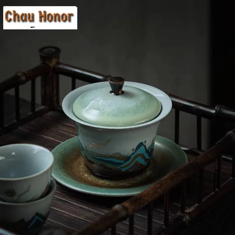 140ml Stone Celadon Glaze Mountain Gaiwan Luxury Tea Tureen Tea Bowl with Lid Kit Tea Brewing Cover Bowl Drinkware Ornaments