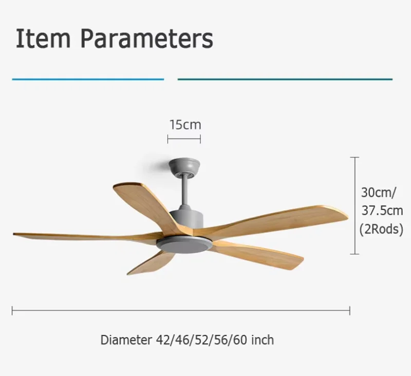 Nordic Home Wooden Ceiling Fan Reversible DC Motor 5 Solid Wood Blades Fan with Remote Control Reversible DC Motor