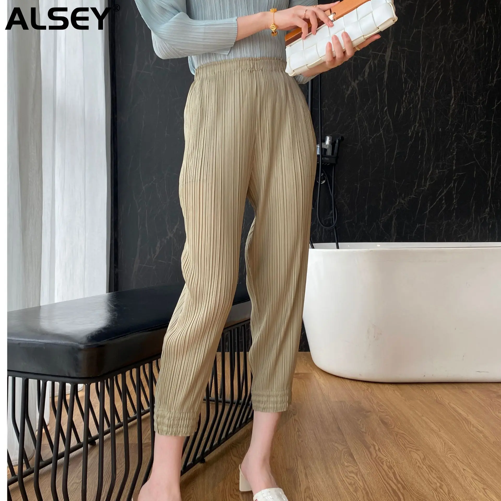 

ALSEY Miyake Pleated Slim Hundred Plus Size Trousers Autumn Spring Summer New Solid Color Fashion Casual Nine Minute Pants