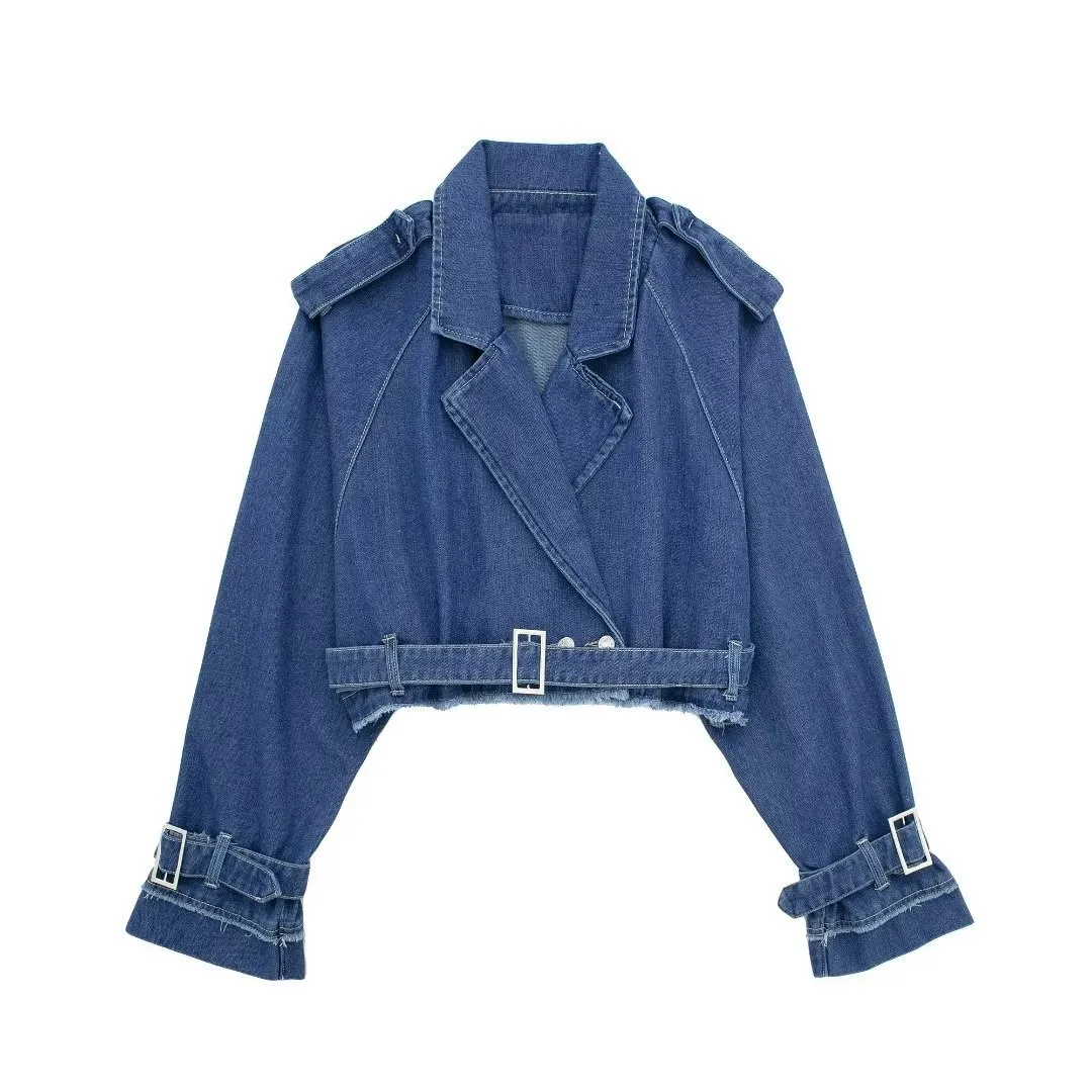 Autumn Lapel Notched Collar Washing Blue Denim Jacket Vintage Women Hem Buckle Belt Draped Jean Coat Cool Outerwear 3 Color picture