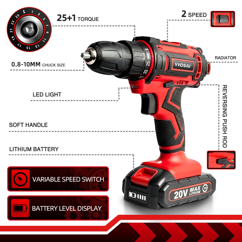 VVOSAI 12V 16V 20V Cordless Drill Electric Screwdriver Mini Wireless Power Driver DC Lithium-Ion Battery 3/8-Inch 3
