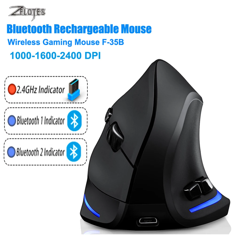 ZELOTES Bluetooth Mouse Vertical Wireless Mouse Recharge Optical RGB USB  Game Mice For Windows Mac 2400 DPI 2.4G For PUBG LOL CS