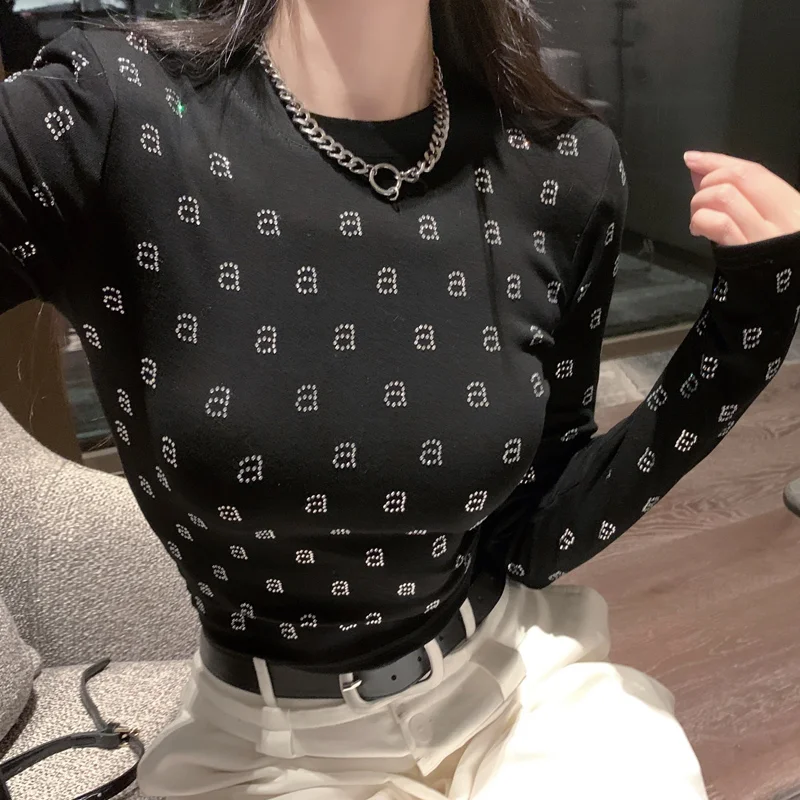 AW Wang Diamond A Letter O-neck Long Sleeve Black Slim T-shirt For Women Crop Top Tshirts Star Girl Y2k Short Stich Tees Clothes