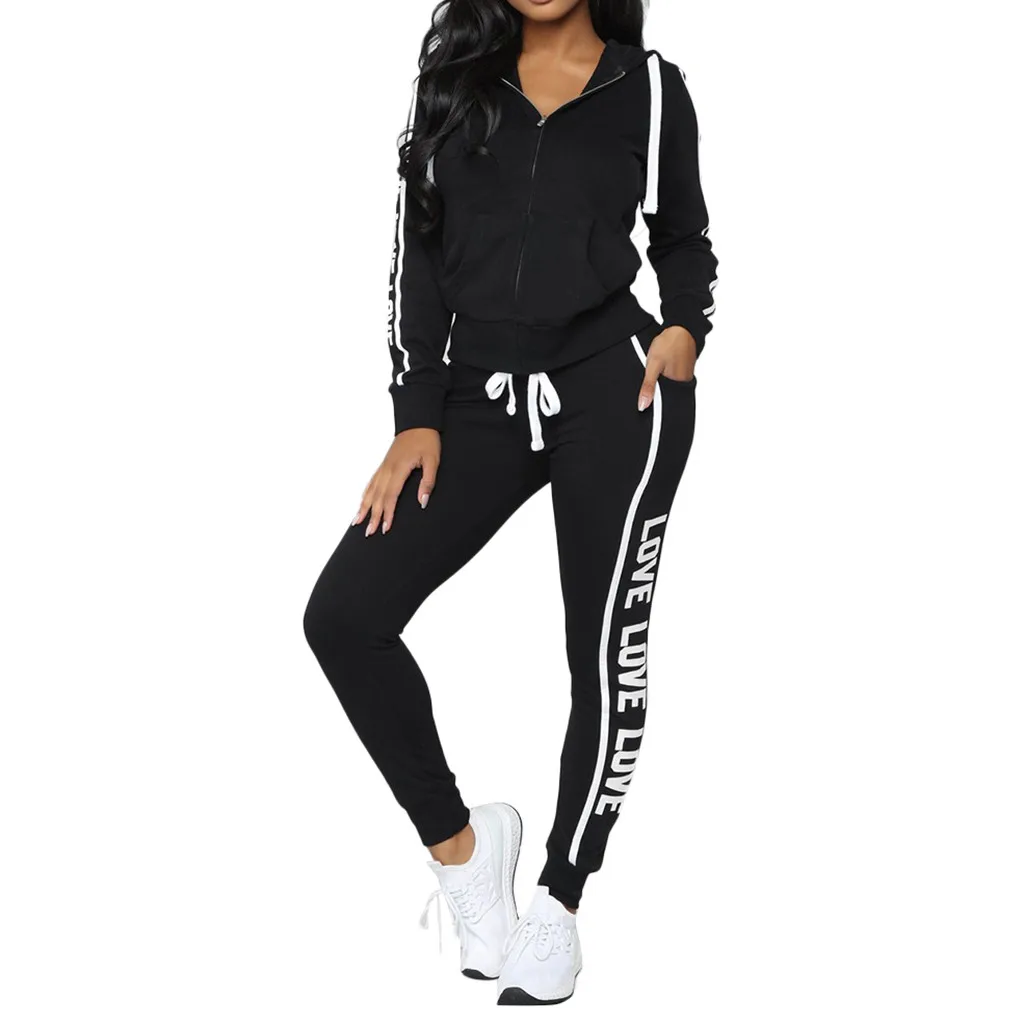 

Fashion Women Casual Stripe Zipper Long Sleeve Pullove Sport Tops+Long Pants Set костюм женский Ropa De Mujer Conjuntos Curtos