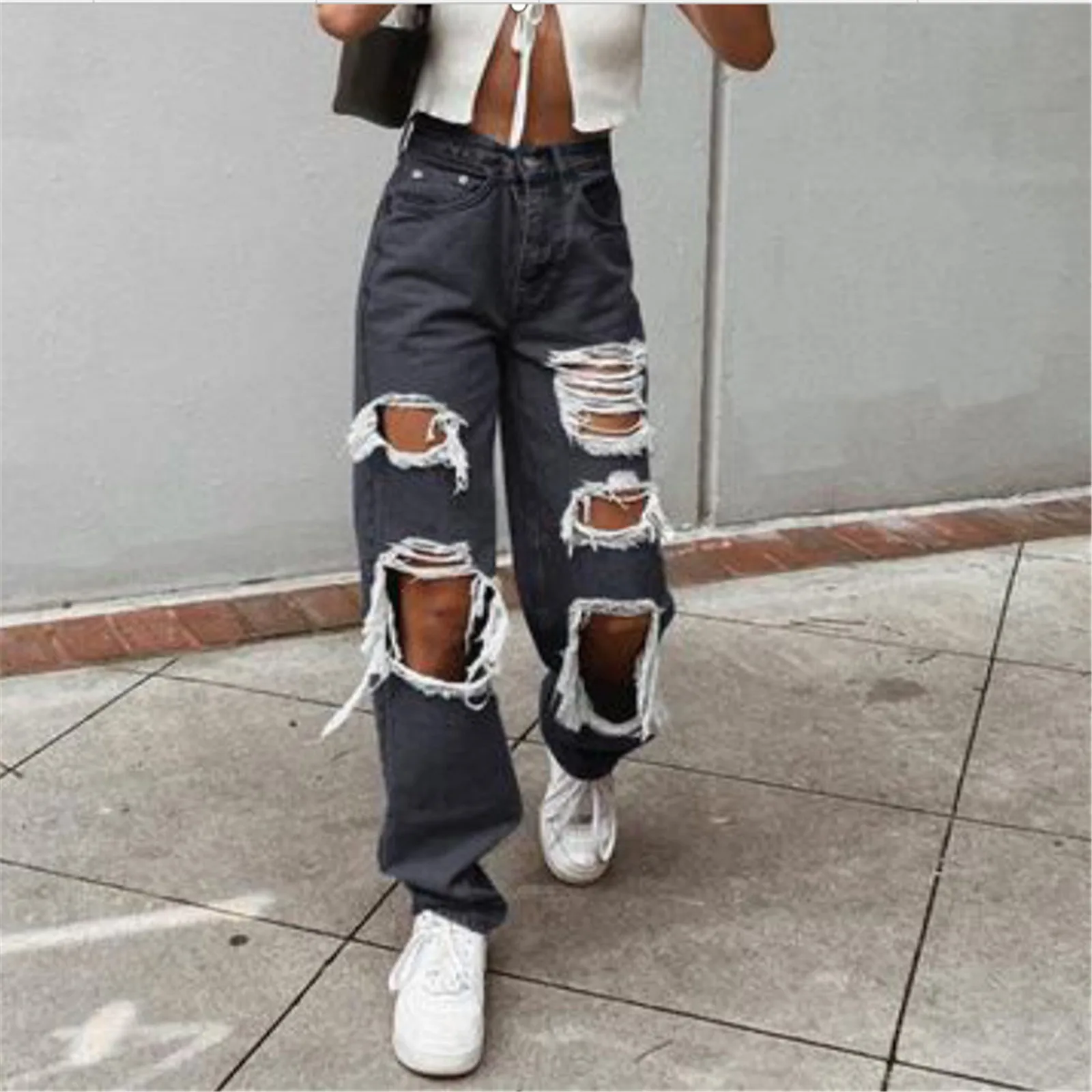 

Jeans Pocket Elastic Denim Loose Trousers Waist High Button Hole Pants Women Pants Slimming Denim Leggings