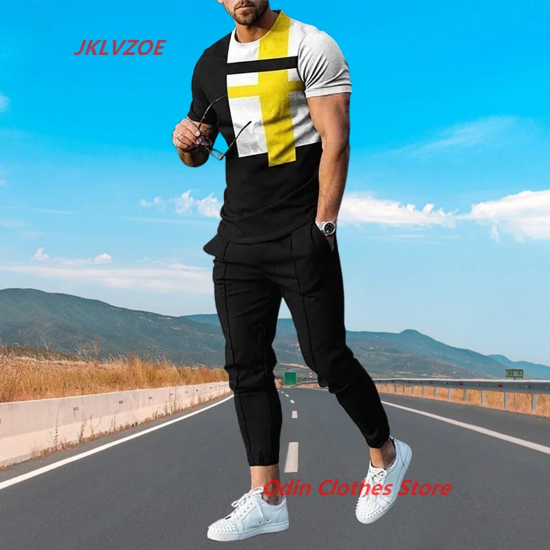 

New Summer Fashion T-shirt Long Pants Set Men Sets 3D printed Tracksuits 2 Piece Outfit of Sportswear Short Sleeve Streetwear