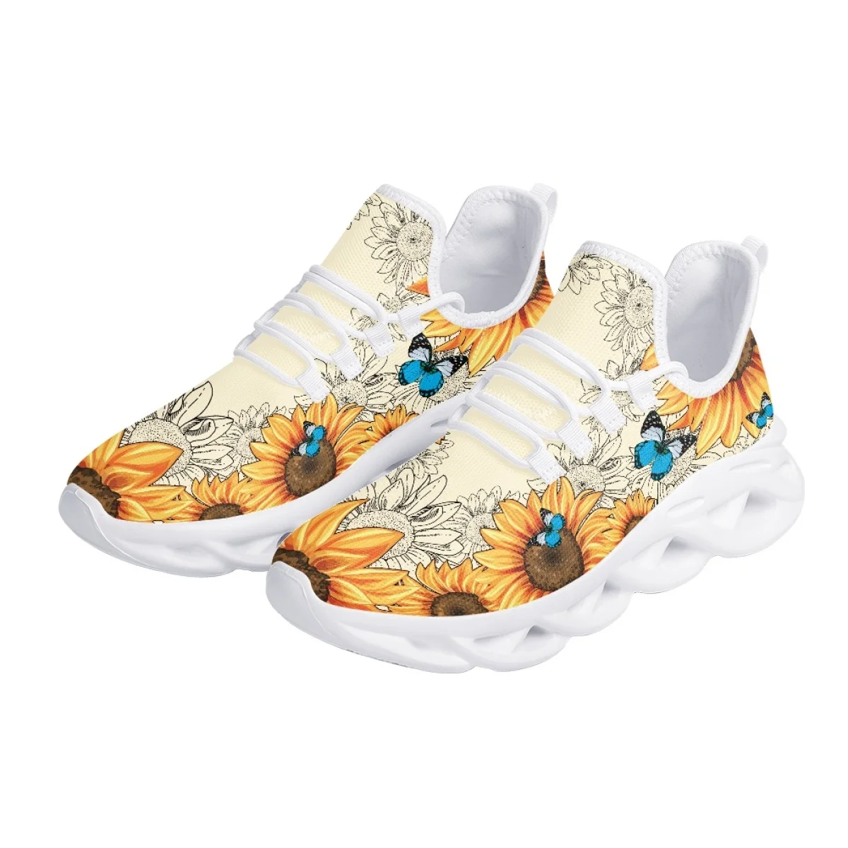 Pretty Butterfly Sunflower Print Ladies Flats Spring Autumn Outdoor Work Breathable Running Shoes Mesh Shock Absorbing Sneakers