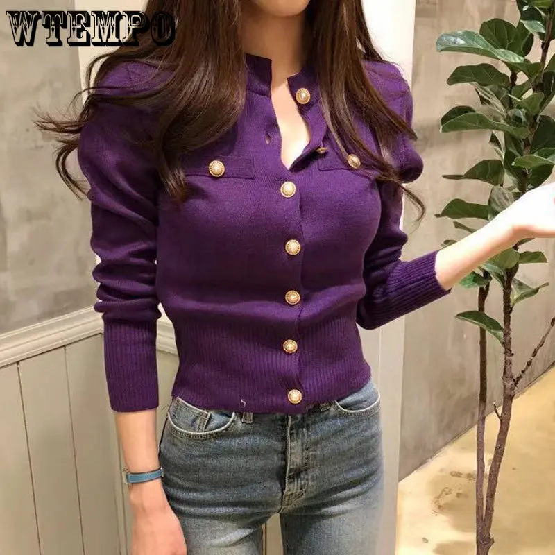 

WTEMPO Fashion Knitted Cardigans Sweaters Women Fall Long Sleeve Short Coats Casual Korean Single Breasted Slim Tops Knitwear